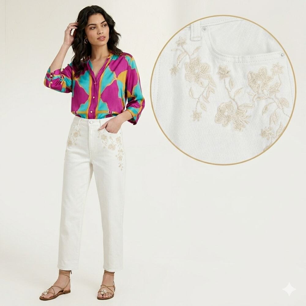 International Concepts Womens Embroidered High Rise Jeans White Size 10 NWT